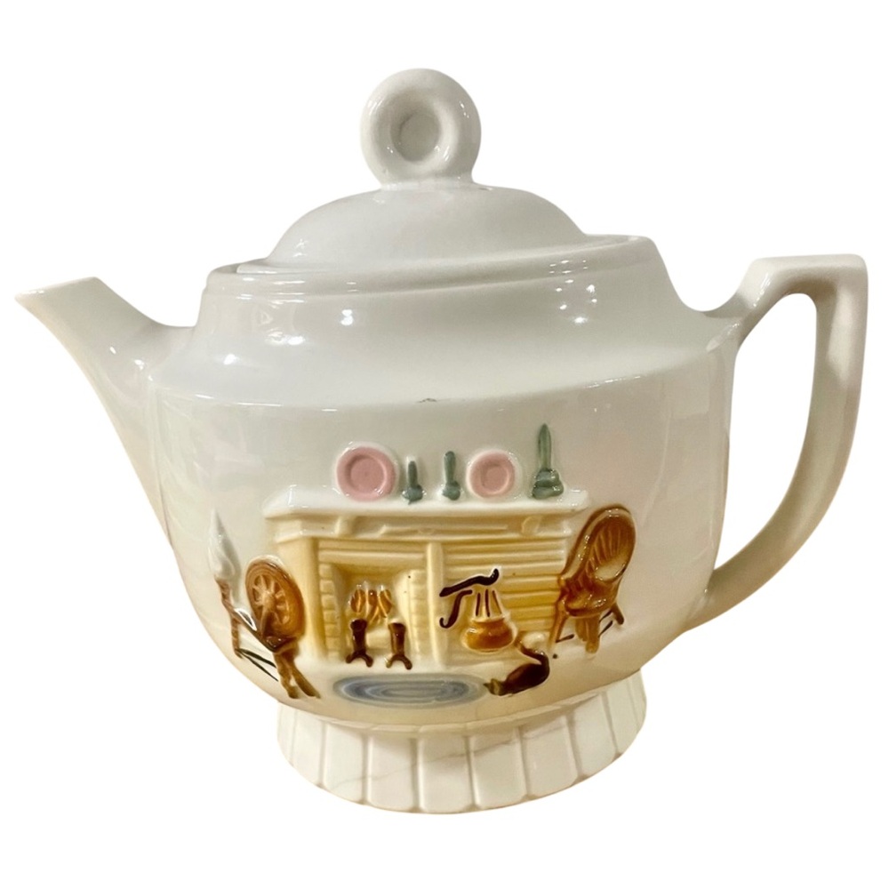 Vintage 1940’s Porceleir Vitreous Tea Pot Raised Hearth Fire Place Scene Cottage